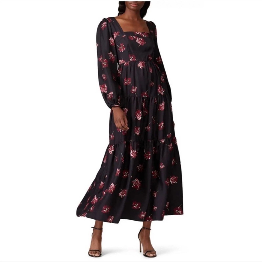 Nicholas black floral square neck silk tiered dress